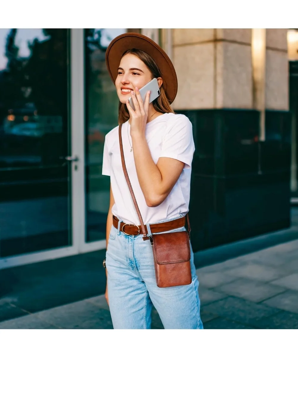 Brown Leather Crossbody Phone Pouch